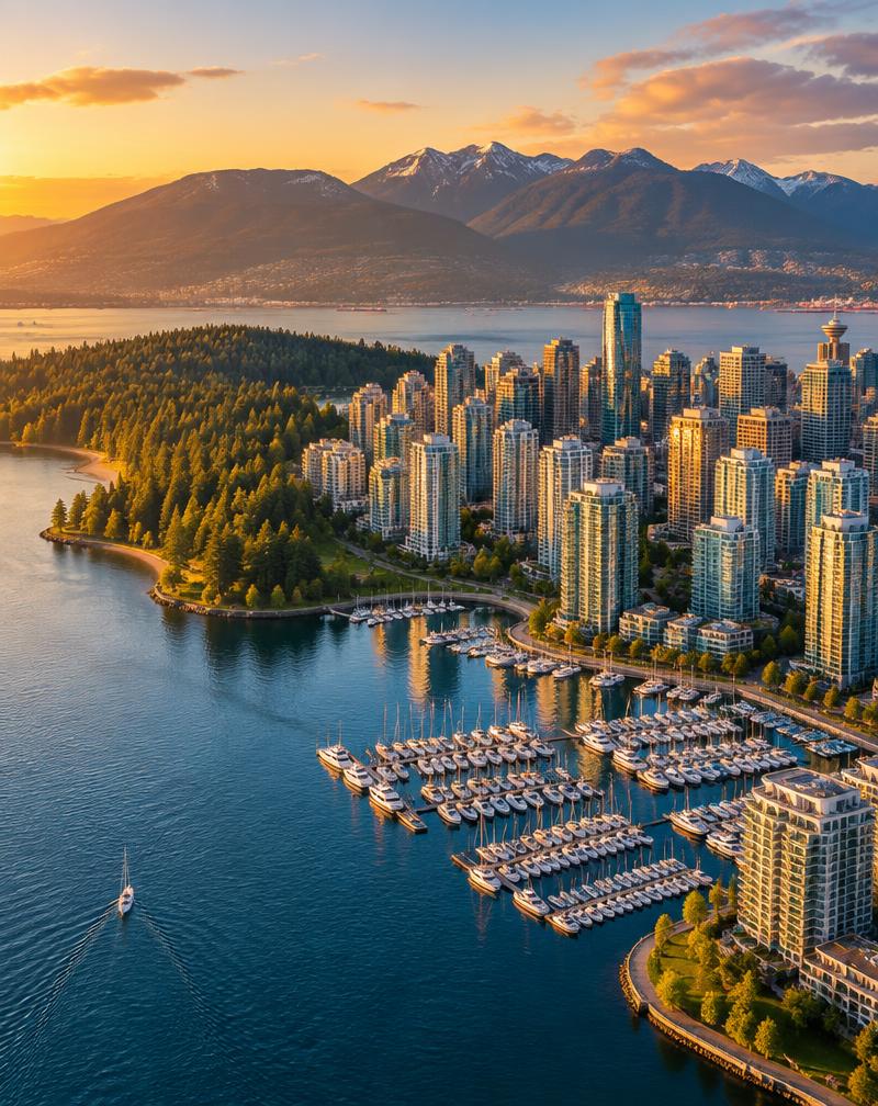 Vancouver’s waterfront skyline with the North Shore mountains at sunset